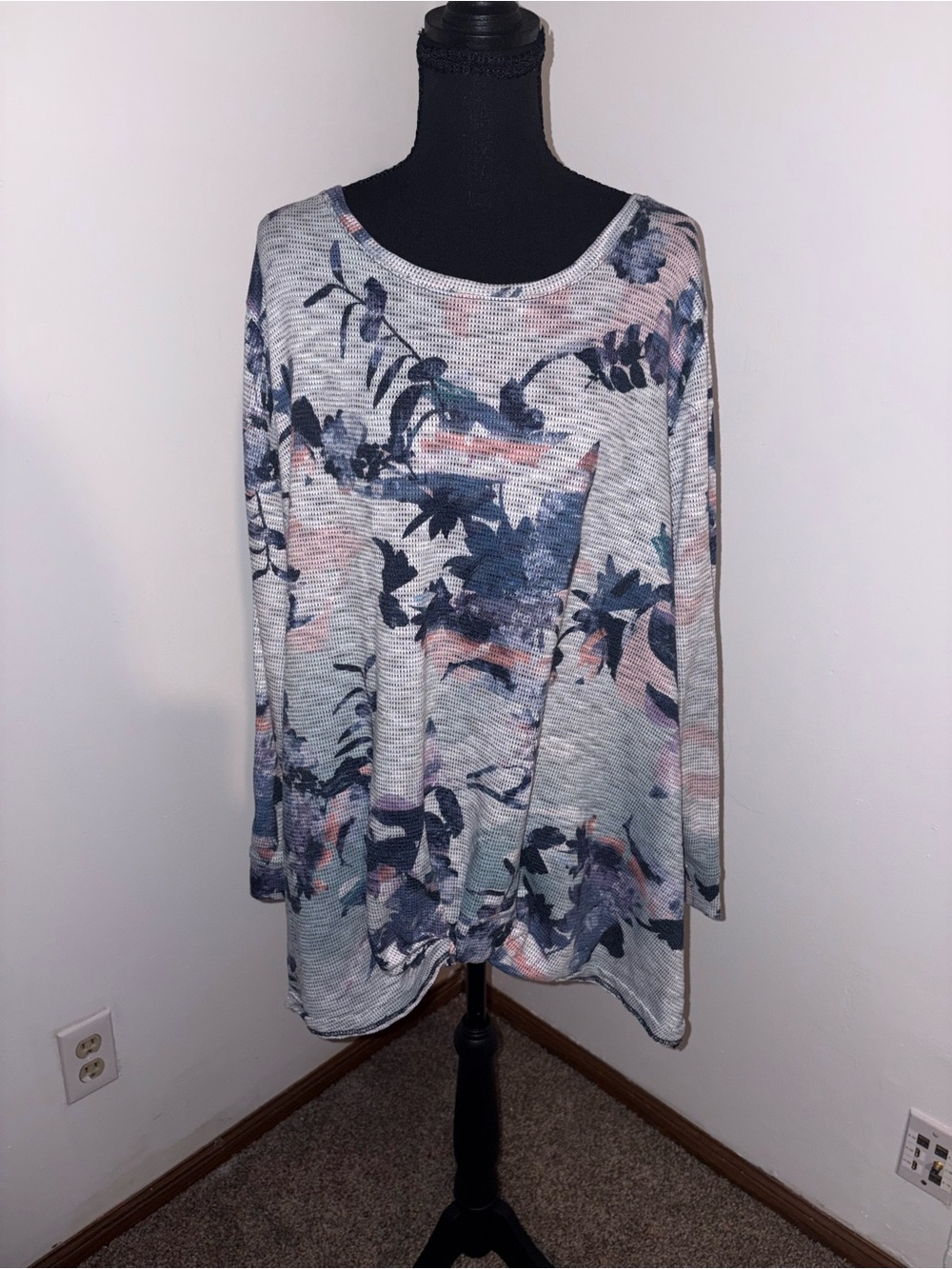 CJ Banks Floral Knit Long Sleeve Top in Blue and Pink